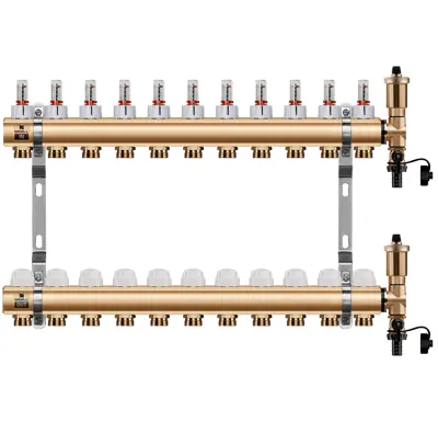 WIGELL Mosazný rozdělovač 11 okruhů, pro podlahového topení  s hlavicemi a průtokoměry