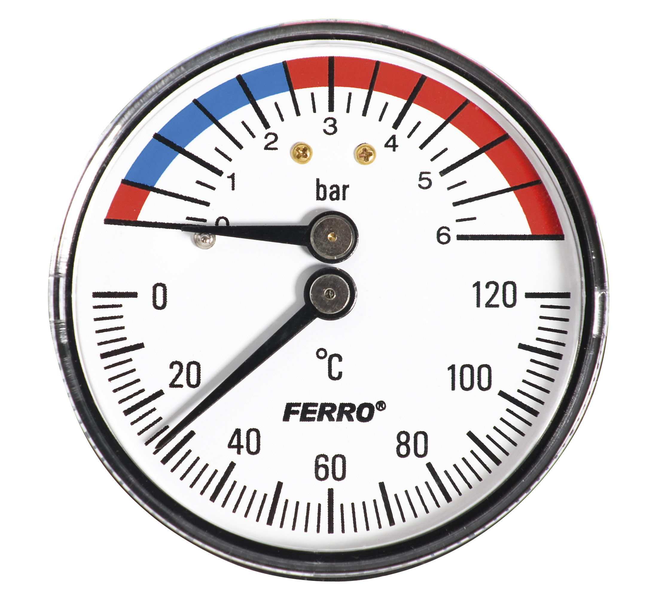 Termomanometr 63mm 0-6 bar, 0-120°c, axiální, zadní vývod 1/2"
