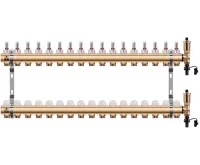 WIGELL Mosazný rozdělovač 17 okruhů, pro podlahového topení  s hlavicemi a průtokoměry