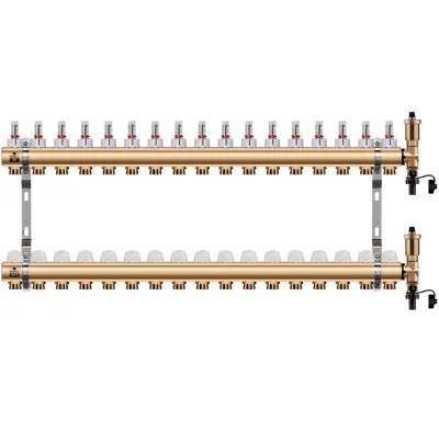 WIGELL Mosazný rozdělovač 17 okruhů, pro podlahového topení  s hlavicemi a průtokoměry