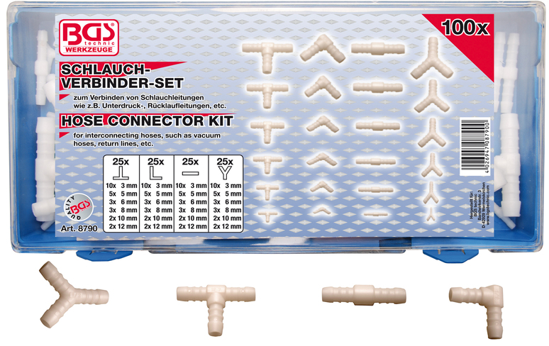 BGS Spojovací sortiment pro gumové hadičky, Polyoxymethylen, sada 100 dílů