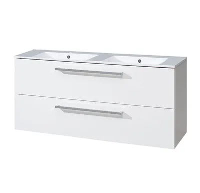 Koupelnová skříňka s keramickým dvoumyvadlem 120 cm,  bílá/bílá