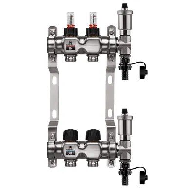 WIGELL Nerezový rozdělovač  2 okruhy, pro podlahového topení  s hlavicemi a průtokoměry