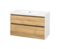 Opto, koupelnová skříňka, umyvadlo z litého mramoru, bílá/dub, 2 zásuvky, 1010x580x458 mm