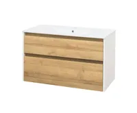 Opto, koupelnová skříňka s keramickým umyvadlem, bílá/dub, 2 zásuvky, 1010x580x458 mm