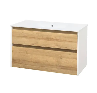 Opto, koupelnová skříňka s keramickým umyvadlem, bílá/dub, 2 zásuvky, 1010x580x458 mm