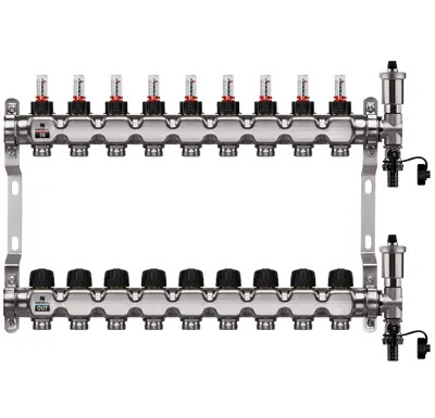 WIGELL Nerezový rozdělovač  9 okruhů, pro podlahového topení  s hlavicemi a průtokoměry