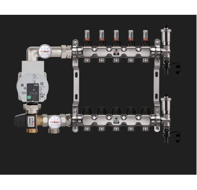 WIGELL nerezový rozdělovač s čerpadlem  8 okruhů, pro podlahového topení  s hlavicemi a průtokoměry