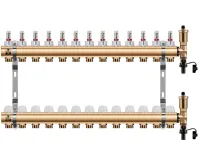 WIGELL Mosazný rozdělovač 13 okruhů, pro podlahového topení  s hlavicemi a průtokoměry