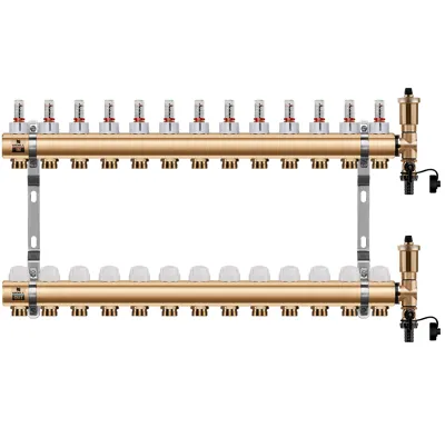 WIGELL Mosazný rozdělovač 13 okruhů, pro podlahového topení  s hlavicemi a průtokoměry