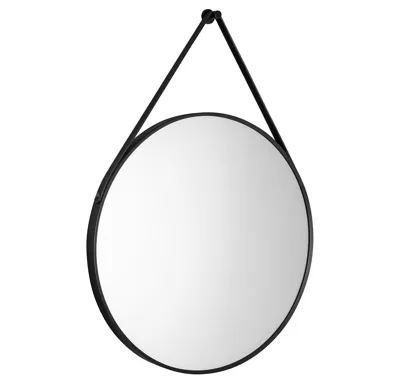 AQUALINE STAGO kulaté zrcadlo ø 60cm, kožený pásek, černá mat