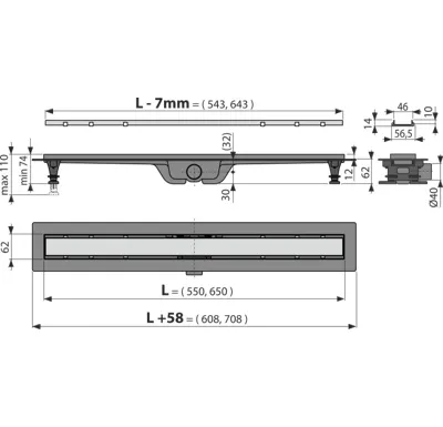 ALCAPLAST Sprchový liniový žlab plastový, s okrajem a oboustranným roštem (plný / vložení dlažby), délka 650 mm APZ19-650