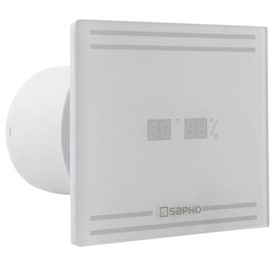 SAPHO GLASS koupelnový ventilátor axiální s LED displejem, 8W, potrubí 100mm, bílá