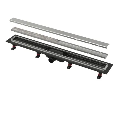 ALCAPLAST Sprchový liniový žlab plastový, s nerezovým okrajem a oboustranným roštem (plný / vložení dlažby), délka 850 mm APZ20-850