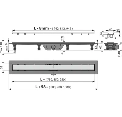ALCAPLAST Sprchový liniový žlab plastový, s okrajem a oboustranným roštem (plný / vložení dlažby), délka 850 mm APZ19-850