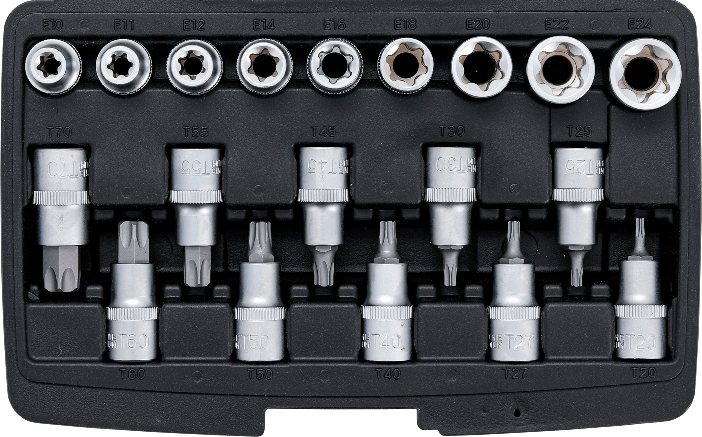 Bgs hlavice zástrčné t-profil t20-t70 + hlavice nástrčné 1/2" e-profil, sada 19 dílů