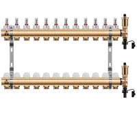 WIGELL Mosazný rozdělovač 12 okruhů, pro podlahového topení  s hlavicemi a průtokoměry