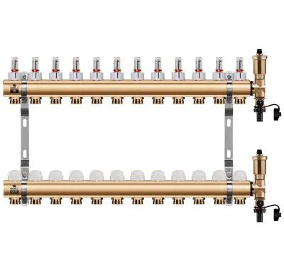 WIGELL Mosazný rozdělovač 12 okruhů, pro podlahového topení  s hlavicemi a průtokoměry