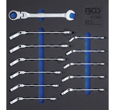BGS Vložka do dílenského vozíku 2/3: sada ráčnových očkoplochých klíčů, kloubový, 8 - 19 mm