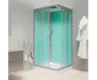 Sprchový box, čtvercový, 90 cm, profily satin, sklo Point, SMC vanička, se stříškou
