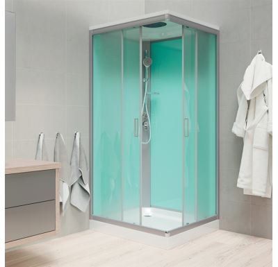 Sprchový box, čtvercový, 90 cm, profily satin, sklo Point, SMC vanička, se stříškou