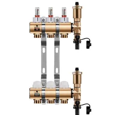 WIGELL Mosazný rozdělovač  3 okruhy, pro podlahového topení  s hlavicemi a průtokoměry