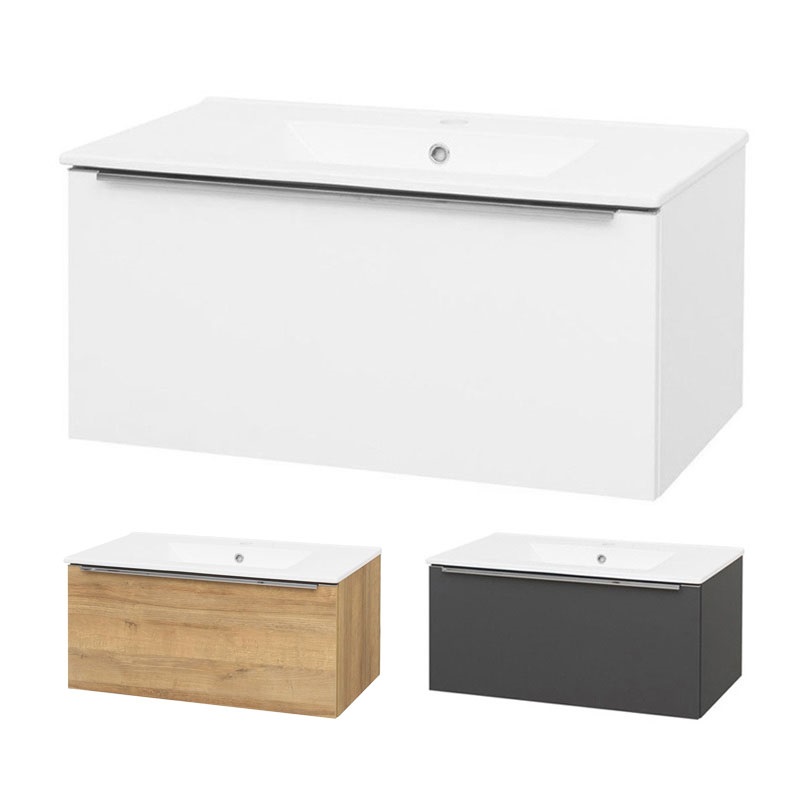 Mailo, koupelnová skříňka s keramickým umyvadlem, dub, 1 zásuvka, 810x470x480 mm
