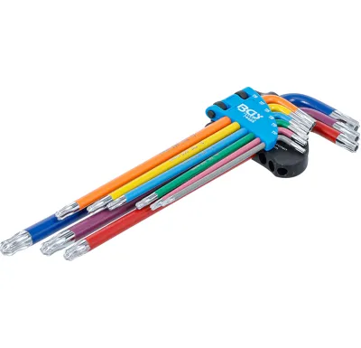 BGS Sada zahnutých klíčů,  vícebarevné,  extra dlouhé,  T-profil (pro Torx) s otvorem a kulovo