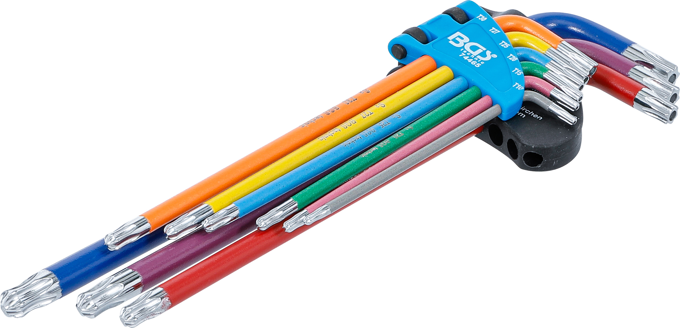 Bgs sada zahnutých klíčů,  vícebarevné,  extra dlouhé,  t-profil (pro torx) s otvorem a kulovo