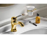 SAPHO KIRKÉ WHITE stojánková umyvadlová baterie s výpustí, bílá páčka, zlato (3)