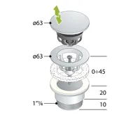 OMP TEA Umyvadlová výpust 5/4“, click-clack, velká zátka, 10-45mm, bílá mat (6)