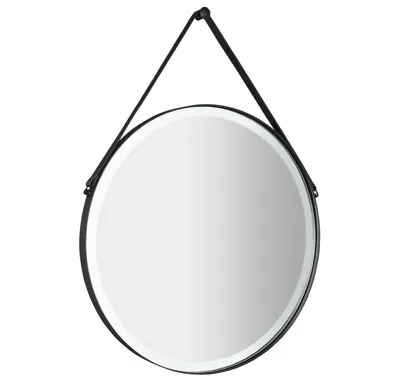 SAPHO ORBITER kulaté zrcadlo s LED osvětlením ø 70cm, kožený pásek, černá mat