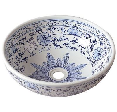 SAPHO PRIORI keramické umyvadlo na desku, Ø 41 cm, bílá s modrým vzorem