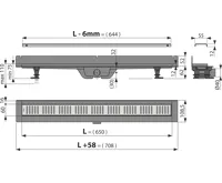 ALCAPLAST Sprchový liniový žlab plastový, s okrajem a pevným límcem ke stěně, pro perforovaný rošt, délka 650 mm APZ30-650M (1)