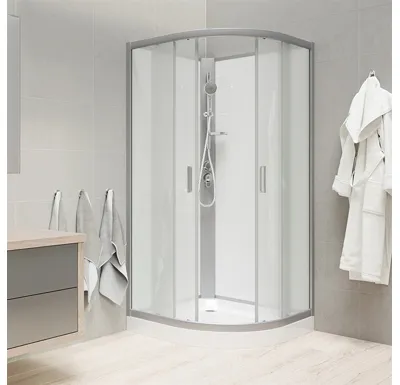Sprchový box bez střechy, čtvrtkruh, 90 cm, R550, profily satin, sklo Point, SMC vanička, záda bílá