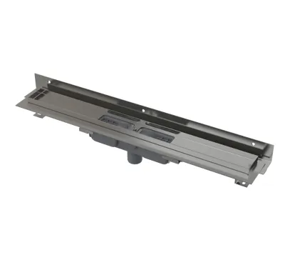 ALCAPLAST Sprchový liniový žlab nerezový, s okrajem a nastavitelným límcem ke stěně, pro perforovaný rošt, svislý odtok, délka 1050 mm APZ1104-1050