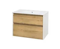 Opto, koupelnová skříňka s keramickým umyvadlem, bílá/dub, 2 zásuvky, 810x580x458 mm