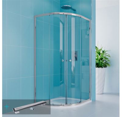 Sprchový set: kout čtvrtkruh, 90x90x185 cm, R550, chrom ALU, sklo čiré, odtokový žlab