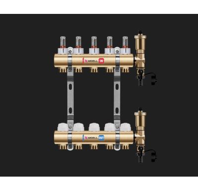 WIGELL mosazný rozdělovač  5 okruhů, pro podlahového topení  s hlavicemi a průtokoměry