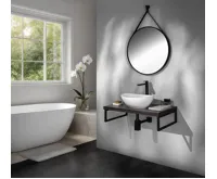 AQUALINE STAGO kulaté zrcadlo ø 60cm, kožený pásek, černá mat (3)