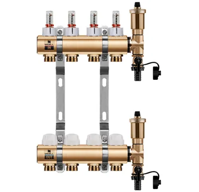WIGELL Mosazný rozdělovač  4 okruhy, pro podlahového topení  s hlavicemi a průtokoměry