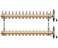 WIGELL Mosazný rozdělovač 15 okruhů, pro podlahového topení  s hlavicemi a průtokoměry