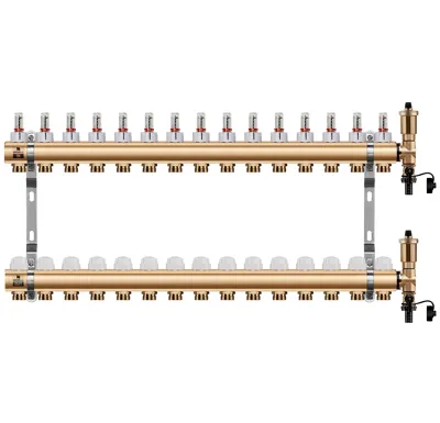 WIGELL Mosazný rozdělovač 15 okruhů, pro podlahového topení  s hlavicemi a průtokoměry